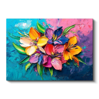 Renkli Zambaklar - Mavi Pembe Fonda Canlı Buket Kanvas Tablo