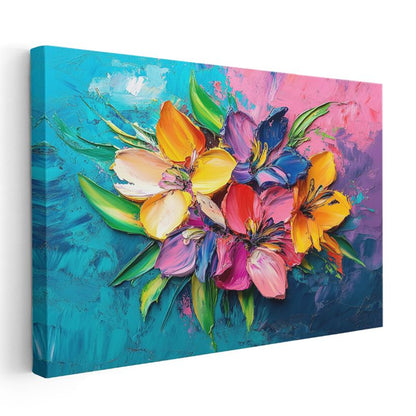 Renkli Zambaklar - Mavi Pembe Fonda Canlı Buket Kanvas Tablo