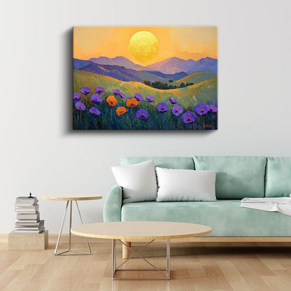 Altın Güneşli Gelincikler - Mor Çiçekli Dağ Manzarası Kanvas Tablo
