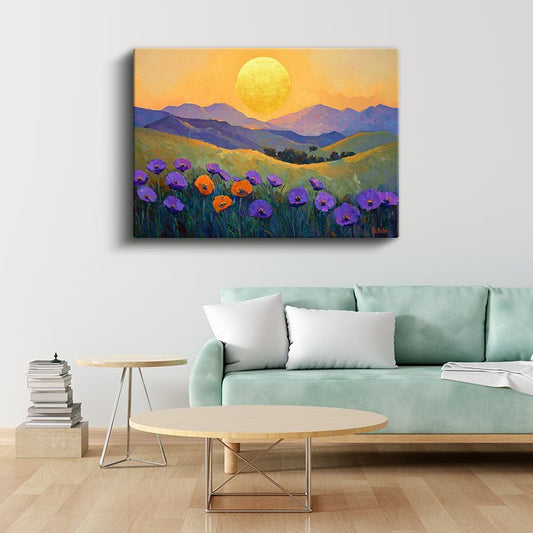 Altın Güneşli Gelincikler - Mor Çiçekli Dağ Manzarası Kanvas Tablo