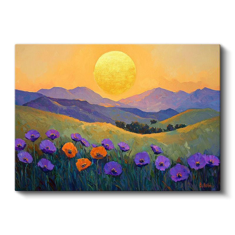 Altın Güneşli Gelincikler - Mor Çiçekli Dağ Manzarası Kanvas Tablo