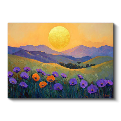 Altın Güneşli Gelincikler - Mor Çiçekli Dağ Manzarası Kanvas Tablo