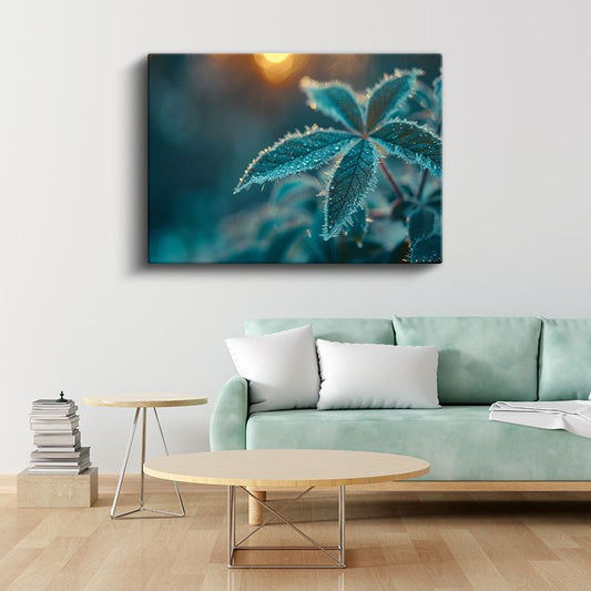 Çiy Damlalı Yaprak - Turkuaz Tonlarda Makro Çekim Kanvas Tablo