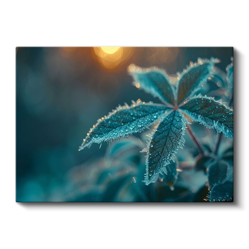 Çiy Damlalı Yaprak - Turkuaz Tonlarda Makro Çekim Kanvas Tablo