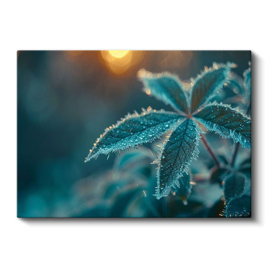 Çiy Damlalı Yaprak - Turkuaz Tonlarda Makro Çekim Kanvas Tablo