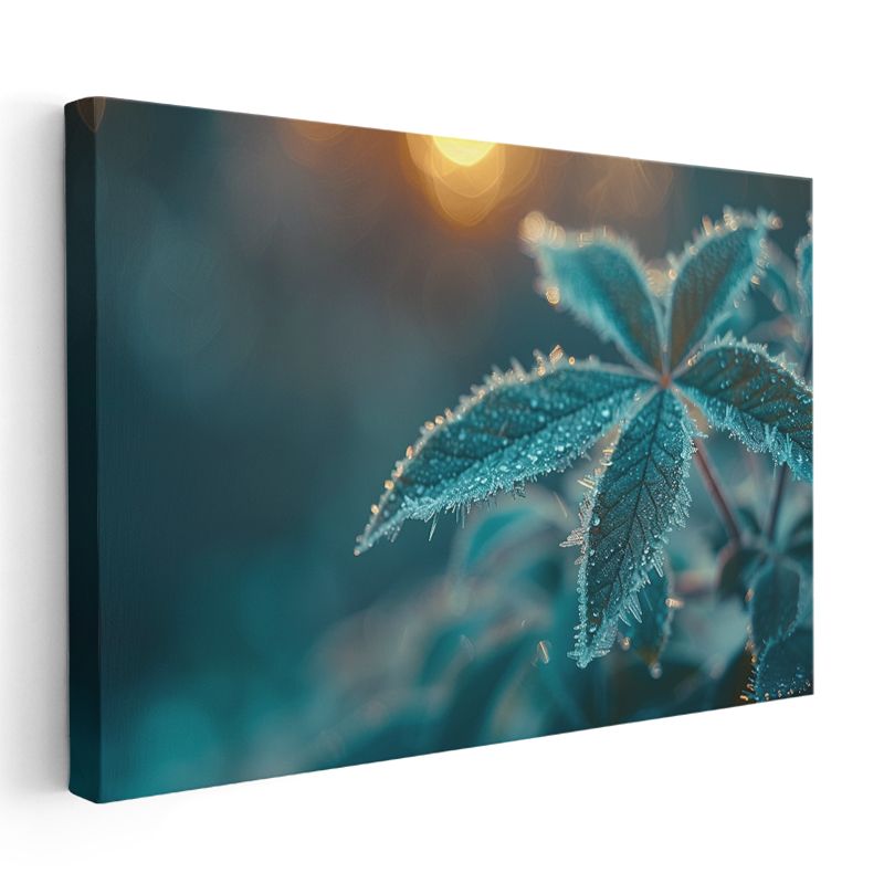 Çiy Damlalı Yaprak - Turkuaz Tonlarda Makro Çekim Kanvas Tablo