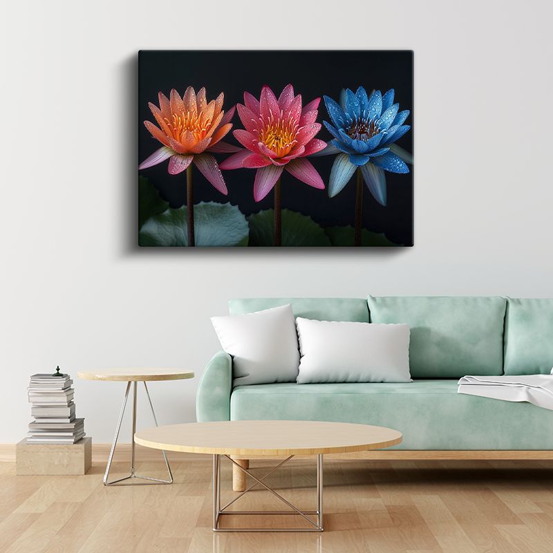 Renkli Nilüferler - Siyah Fonda Çiy Damlacıklı Çiçekler Kanvas Tablo