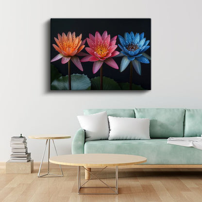 Renkli Nilüferler - Siyah Fonda Çiy Damlacıklı Çiçekler Kanvas Tablo