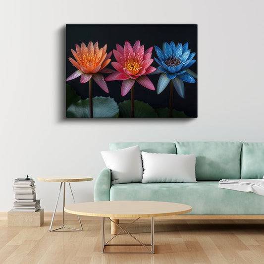 Renkli Nilüferler - Siyah Fonda Çiy Damlacıklı Çiçekler Kanvas Tablo