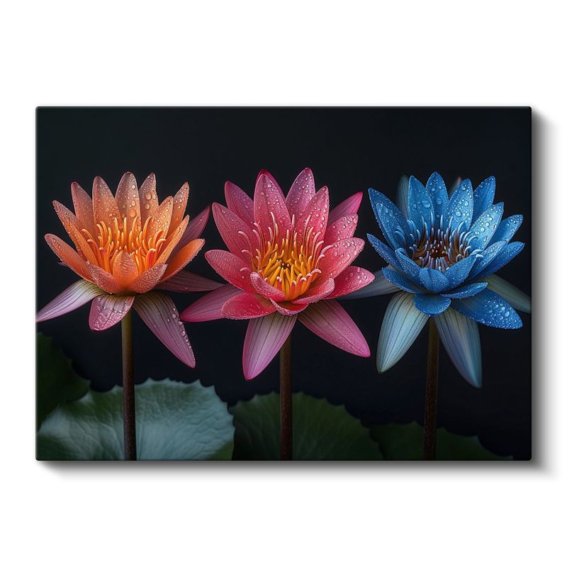 Renkli Nilüferler - Siyah Fonda Çiy Damlacıklı Çiçekler Kanvas Tablo