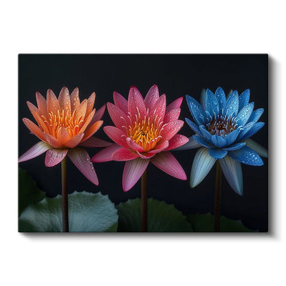 Renkli Nilüferler - Siyah Fonda Çiy Damlacıklı Çiçekler Kanvas Tablo