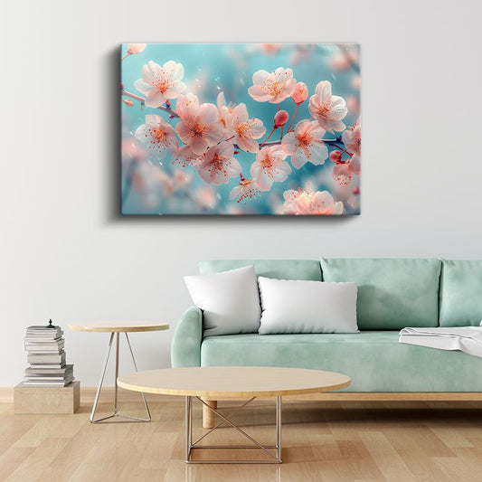 Kiraz Çiçekleri - Turkuaz Fonda Bahar Esintisi Kanvas Tablo