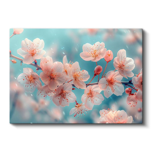 Kiraz Çiçekleri - Turkuaz Fonda Bahar Esintisi Kanvas Tablo