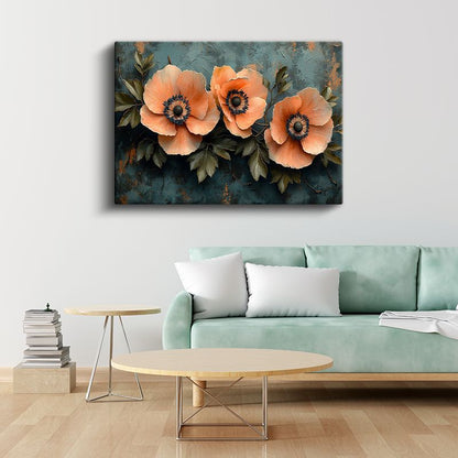 Somon Gelincikler - Turkuaz Fonda Yağlı Boya Tekniği Kanvas Tablo