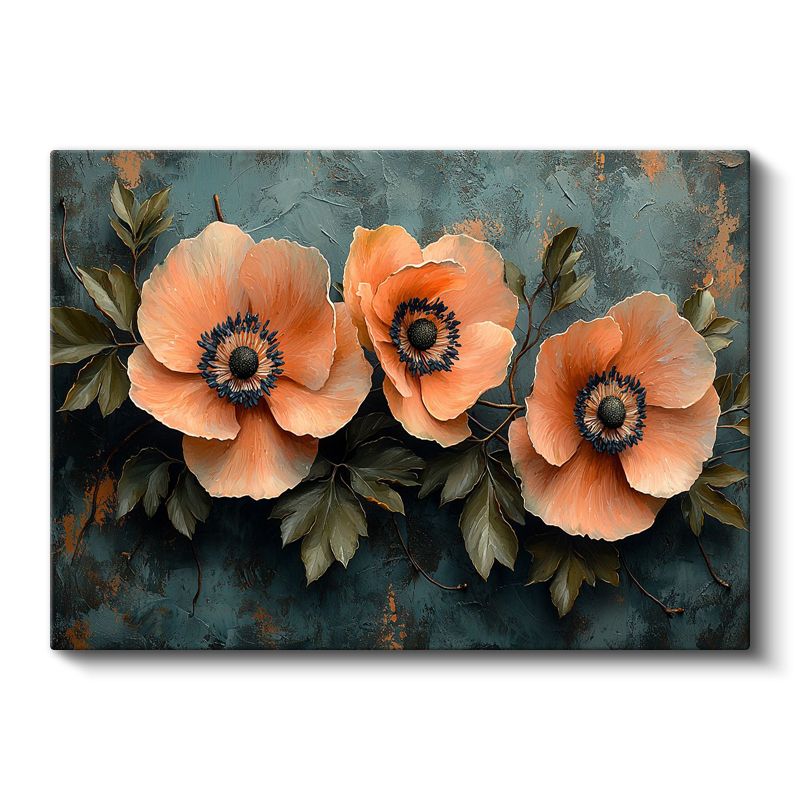 Somon Gelincikler - Turkuaz Fonda Yağlı Boya Tekniği Kanvas Tablo