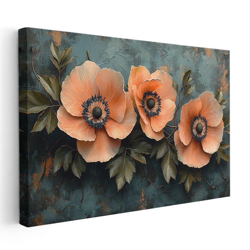 Somon Gelincikler - Turkuaz Fonda Yağlı Boya Tekniği Kanvas Tablo