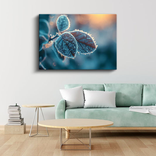 Kırağılı Yapraklar - Gün Doğumu Işığında Makro Çekim Kanvas Tablo