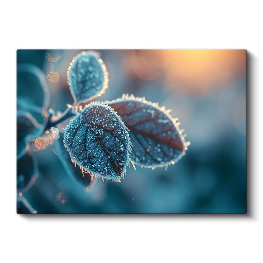 Kırağılı Yapraklar - Gün Doğumu Işığında Makro Çekim Kanvas Tablo