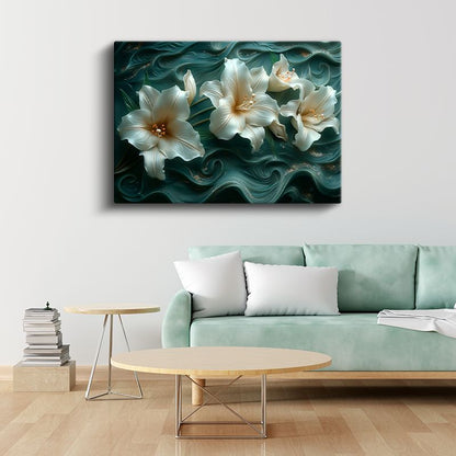 Beyaz Zambaklar - Turkuaz Dalgalı Dokulu Dekoratif Kanvas Tablo