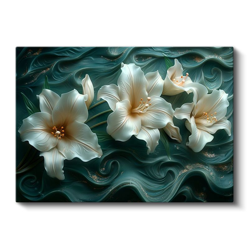 Beyaz Zambaklar - Turkuaz Dalgalı Dokulu Dekoratif Kanvas Tablo