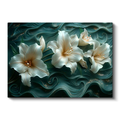 Beyaz Zambaklar - Turkuaz Dalgalı Dokulu Dekoratif Kanvas Tablo