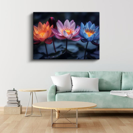 Renkli Nilüferler - Siyah Fonda Çiy Damlacıklı Çiçekler Kanvas Tablo