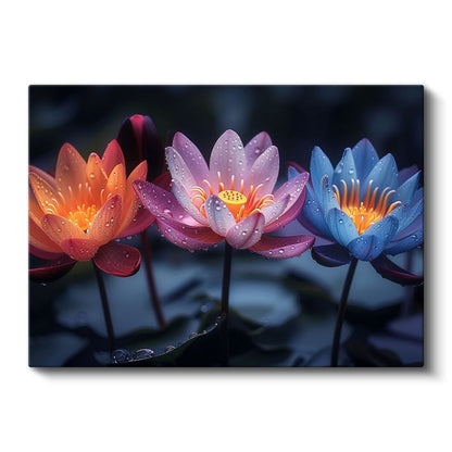 Renkli Nilüferler - Siyah Fonda Çiy Damlacıklı Çiçekler Kanvas Tablo