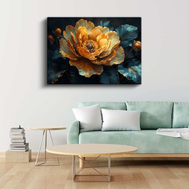 Altın Şakayık - Mavi Yapraklı Lüks Dekoratif Kanvas Tablo