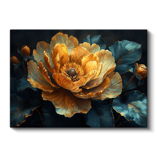 Altın Şakayık - Mavi Yapraklı Lüks Dekoratif Kanvas Tablo