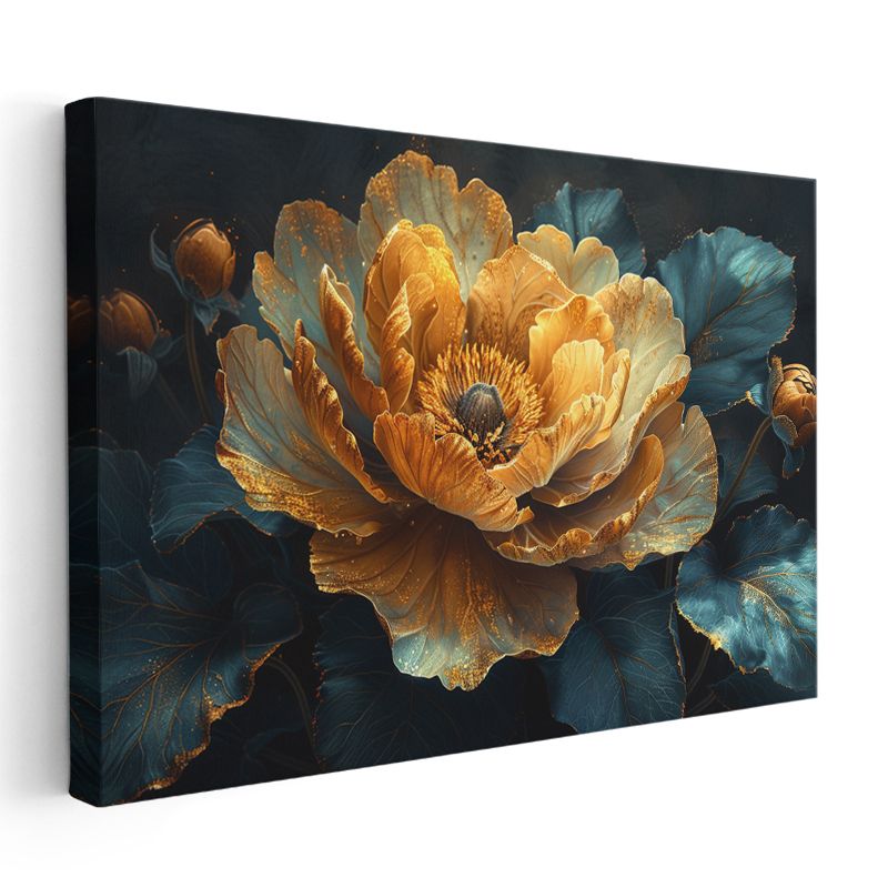 Altın Şakayık - Mavi Yapraklı Lüks Dekoratif Kanvas Tablo