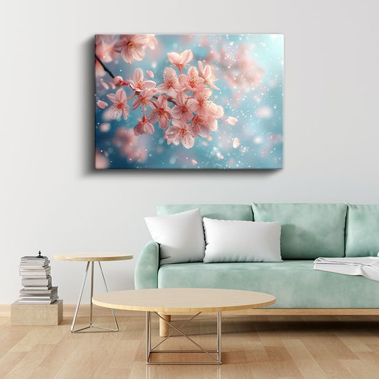 Pembe Kiraz Çiçekleri - Uçuşan Çiçek Yaprakları Kanvas Tablo
