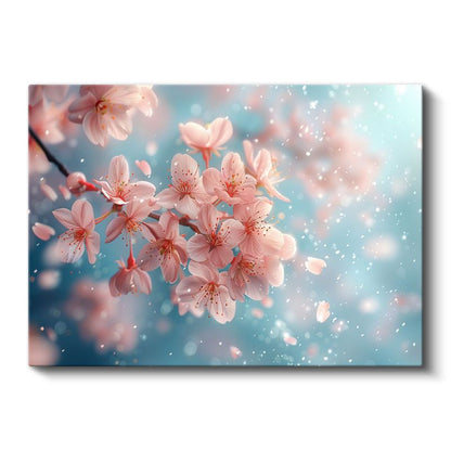 Pembe Kiraz Çiçekleri - Uçuşan Çiçek Yaprakları Kanvas Tablo