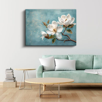 Beyaz Magnolya - Turkuaz Fonda Zarif Çiçek Dalı Kanvas Tablo