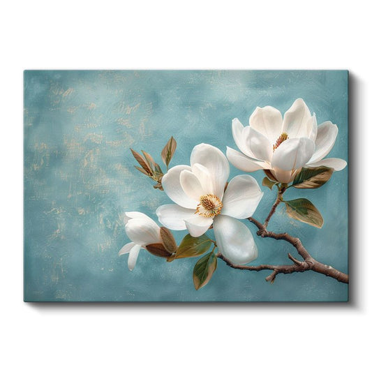 Beyaz Magnolya - Turkuaz Fonda Zarif Çiçek Dalı Kanvas Tablo