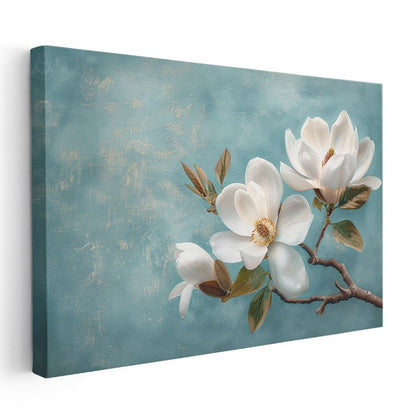 Beyaz Magnolya - Turkuaz Fonda Zarif Çiçek Dalı Kanvas Tablo