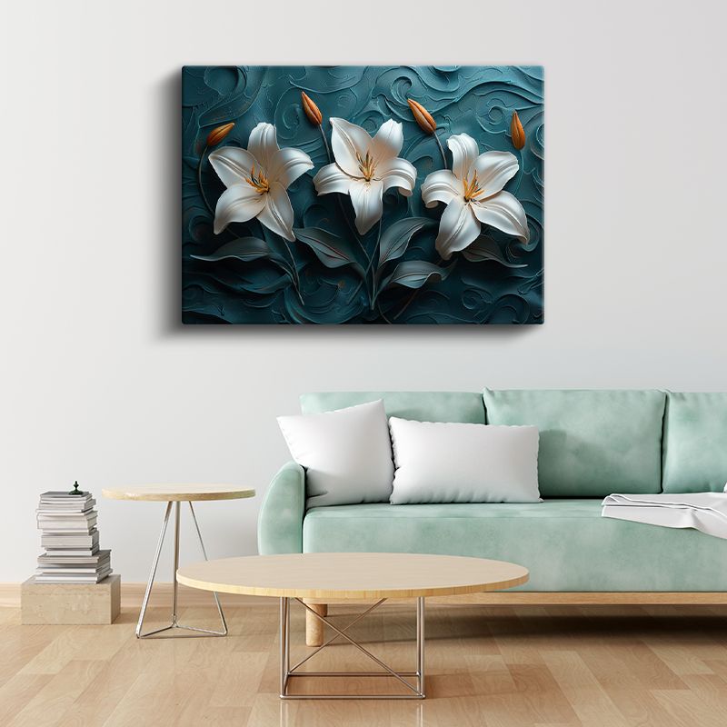 Beyaz Zambaklar - Turkuaz Dalgalı Dokulu Dekoratif Kanvas Tablo