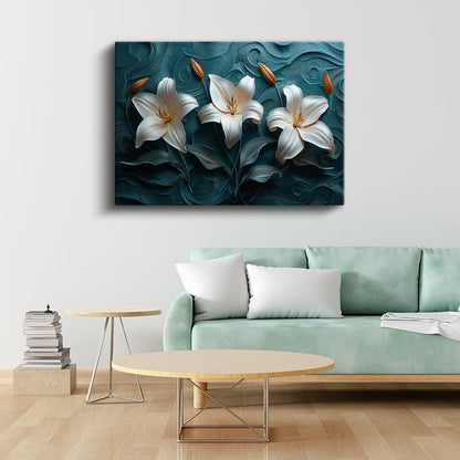 Beyaz Zambaklar - Turkuaz Dalgalı Dokulu Dekoratif Kanvas Tablo