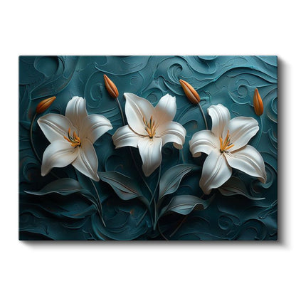 Beyaz Zambaklar - Turkuaz Dalgalı Dokulu Dekoratif Kanvas Tablo
