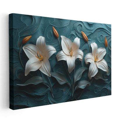 Beyaz Zambaklar - Turkuaz Dalgalı Dokulu Dekoratif Kanvas Tablo