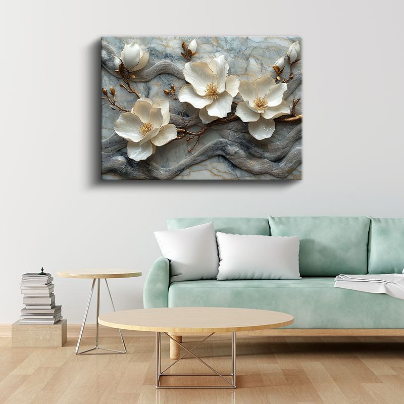 Beyaz Çiçekler - Mavi Mermer Dokulu Kabartma Görünümlü Sanat Kanvas Tablo