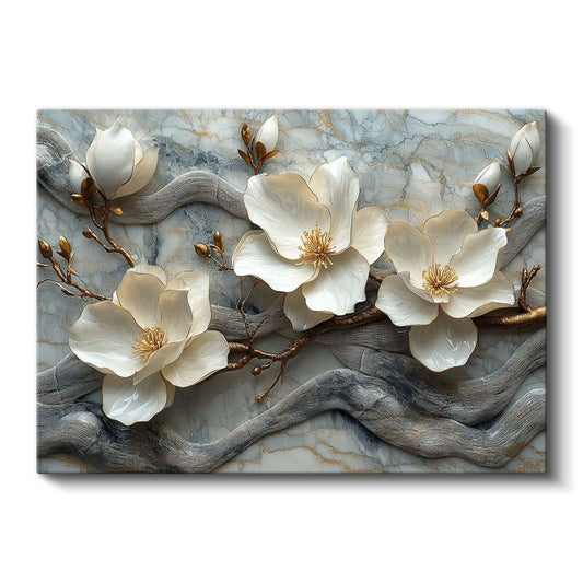 Beyaz Çiçekler - Mavi Mermer Dokulu Kabartma Görünümlü Sanat Kanvas Tablo