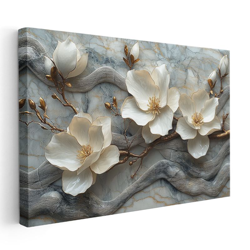 Beyaz Çiçekler - Mavi Mermer Dokulu Kabartma Görünümlü Sanat Kanvas Tablo