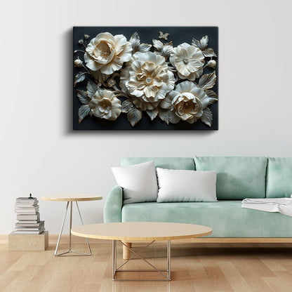 Krem Çiçekler - Siyah Fonda Gümüş Yapraklı Dekoratif Kanvas Tablo