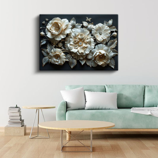 Krem Çiçekler - Siyah Fonda Gümüş Yapraklı Dekoratif Kanvas Tablo