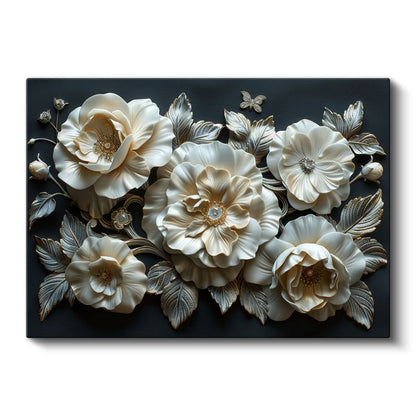 Krem Çiçekler - Siyah Fonda Gümüş Yapraklı Dekoratif Kanvas Tablo