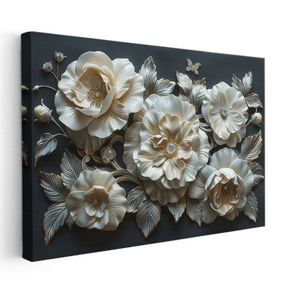 Krem Çiçekler - Siyah Fonda Gümüş Yapraklı Dekoratif Kanvas Tablo