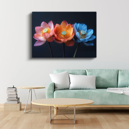 Renkli Nilüferler - Siyah Fonda Zarif Çiçek Portresi Kanvas Tablo
