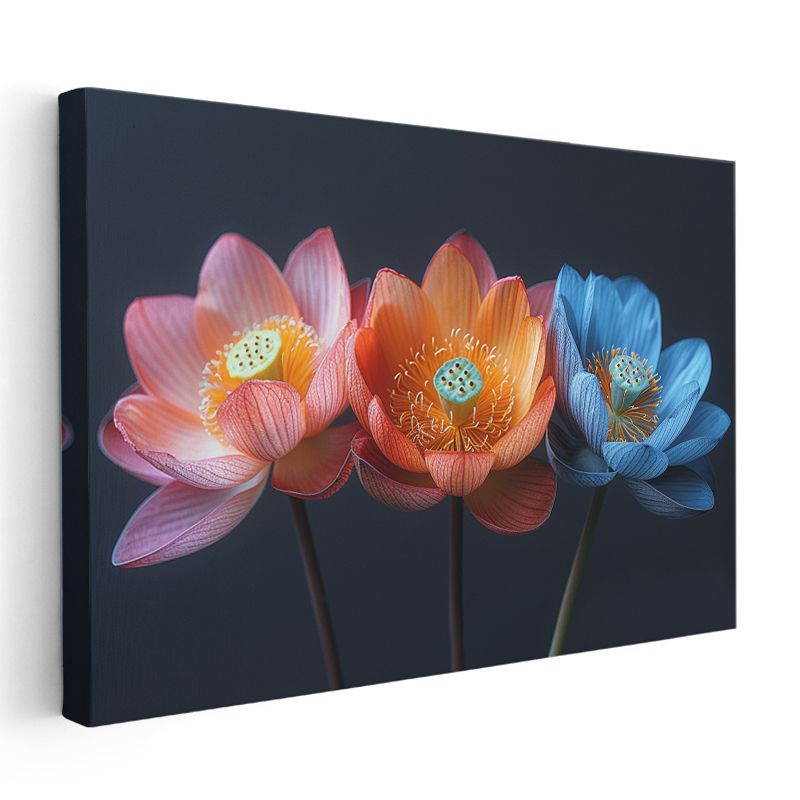 Renkli Nilüferler - Siyah Fonda Zarif Çiçek Portresi Kanvas Tablo