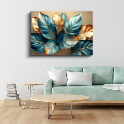 Mavi Altın Yapraklar - Lüks Dekoratif Bitki Deseni Kanvas Tablo