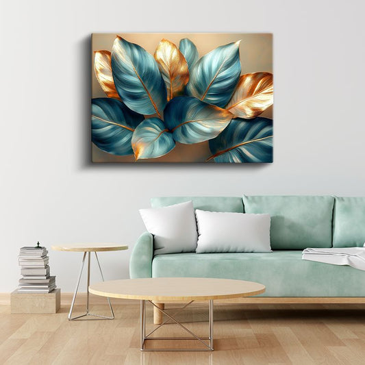 Mavi Altın Yapraklar - Lüks Dekoratif Bitki Deseni Kanvas Tablo